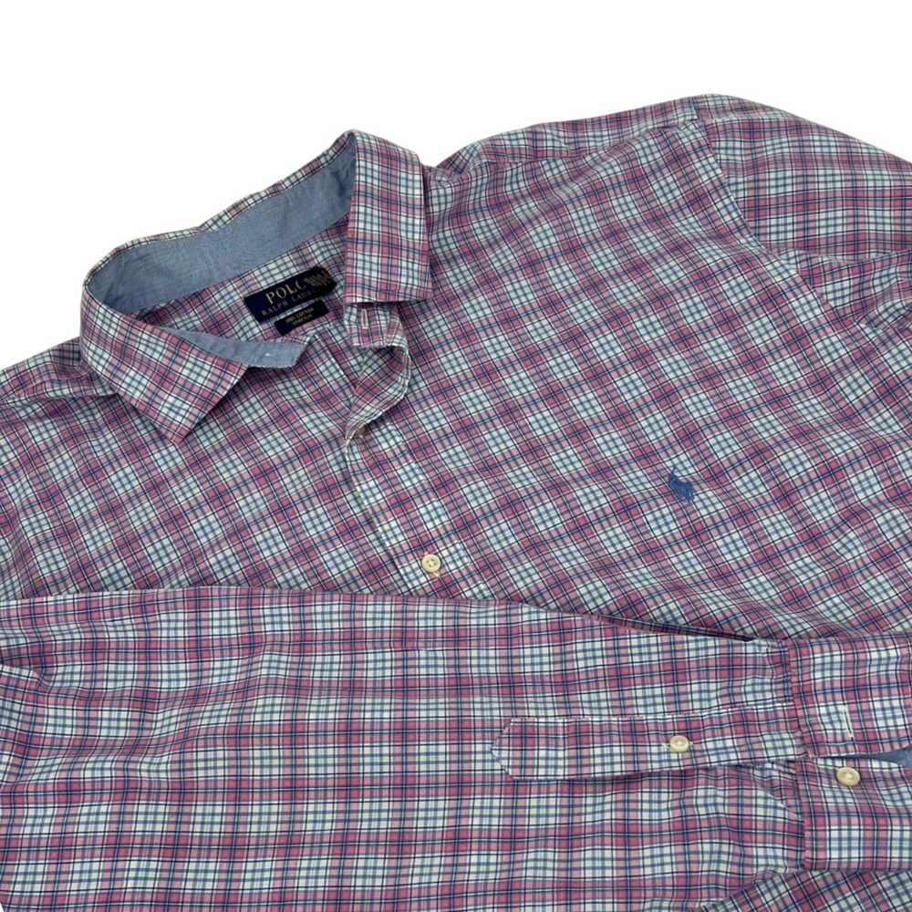 Polo Ralph Lauren Shirt Mens 3XLT Pink Blue Plaid Cotton Stretch Long Sleeve